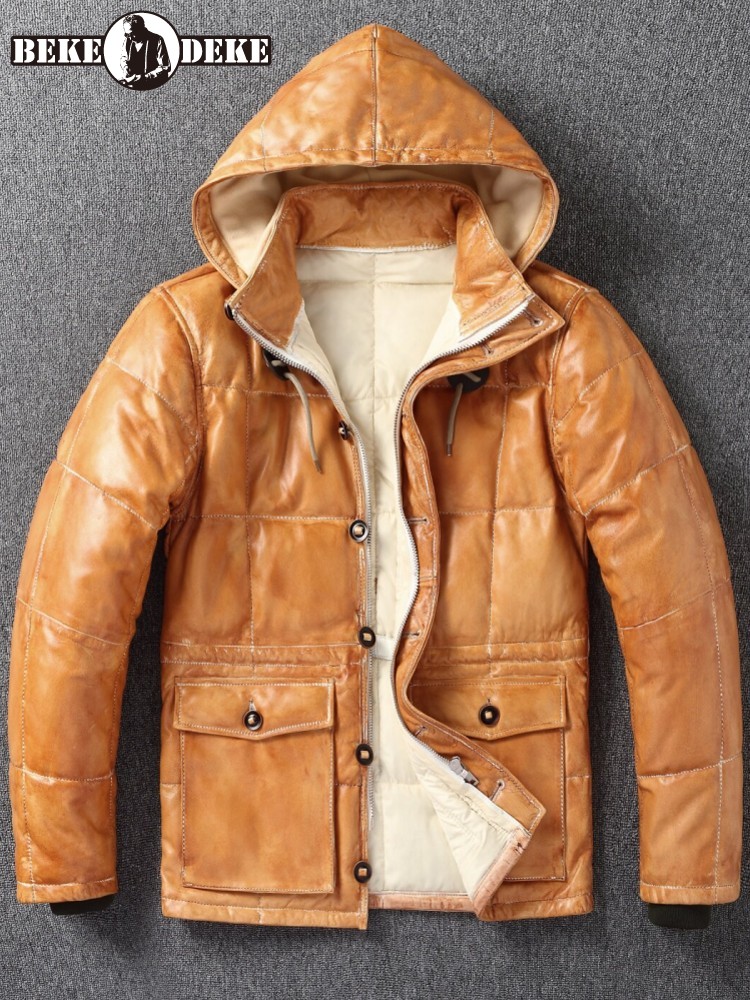 Leather Work Jacket With Hood - เสื้อแจ็คเก็ตหนังแกะแท้บุขนเป็ดสำหรับผู้ชายฤดูหนาว แบบหนา อุ่น ติดกระดุมแถวเดียว มีฮู้ดถอดได้ สไตล์วินเทจ