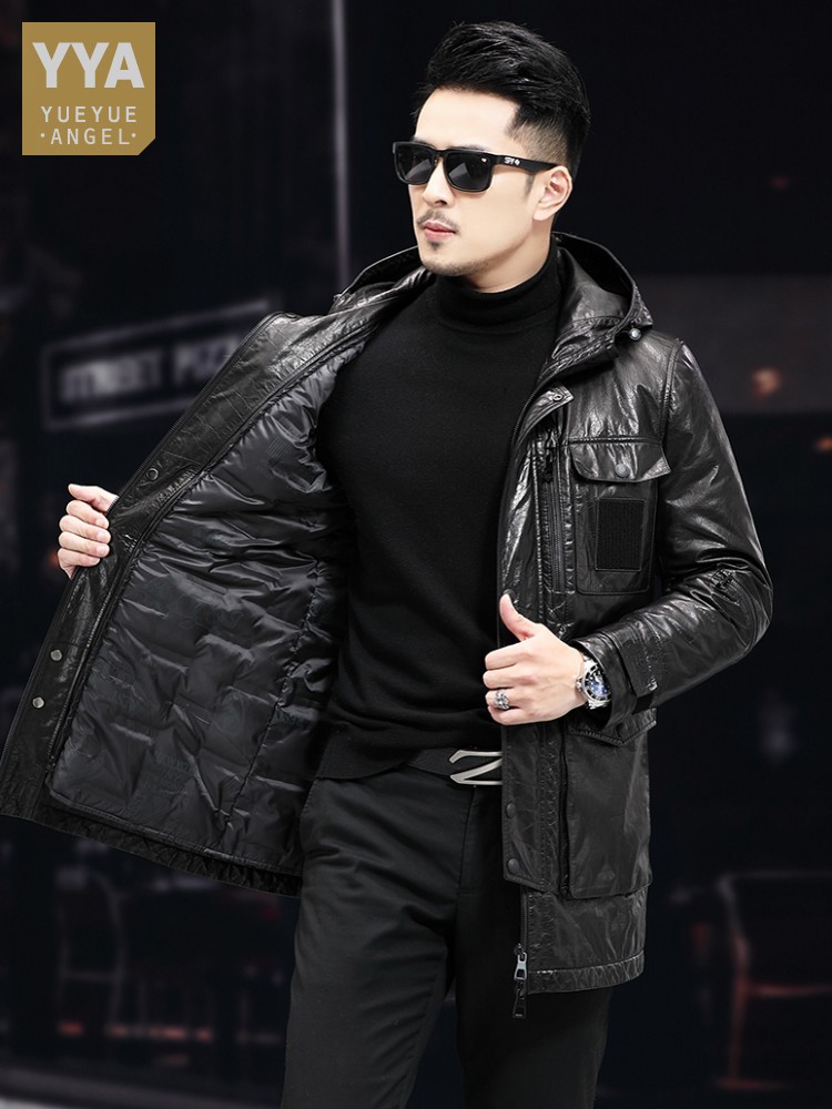 Leather Work Jacket With Hood - ผู้ชายฤดูหนาวกลางยาวน้ํามันขี้ผึ้ง Cowhide ทํางานลงเสื้อหนาเสื้อกันหนาวธุรกิจหรูหราของแท้หนังแจ็คเก็ต