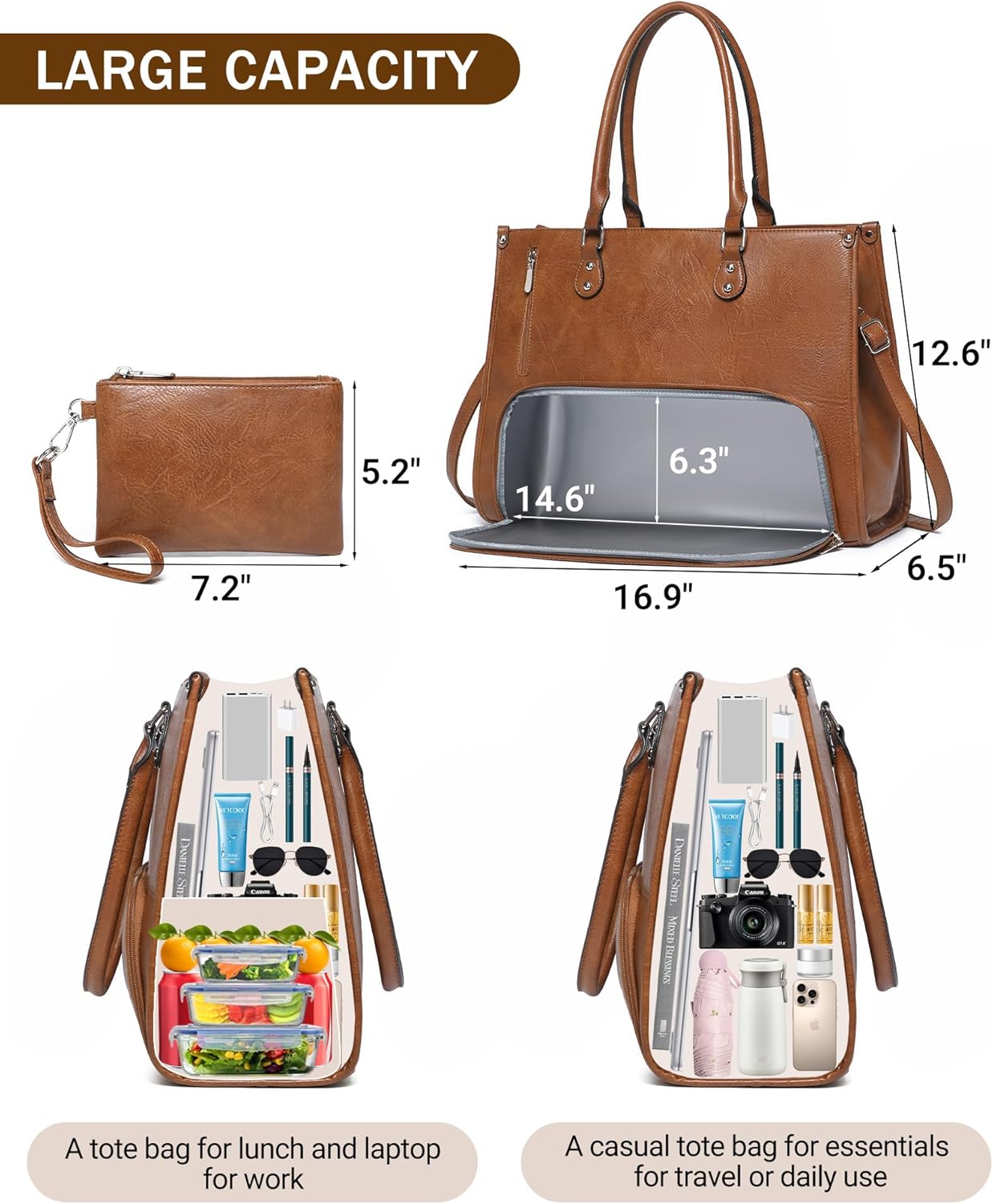 Leather Work Laptop Bag - กระเป๋าใส่แล็ปท็อป 2 in 1 พร้อมช่องเก็บอาหารแบบมีฉนวนสำหรับผู้หญิงทำงาน กระเป๋าใส่อาหารทำจากหนัง