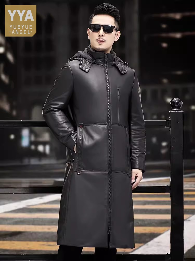 Leather Work Jacket With Hood - เสื้อโค้ทขนห่านหนานุ่มสำหรับฤดูหนาว สไตล์ลำลองสำหรับทำงาน แจ็คเก็ตหนังแกะแท้ทรงตรง มีฮู้ด เสื้อคลุมผู้ชาย ไซส์