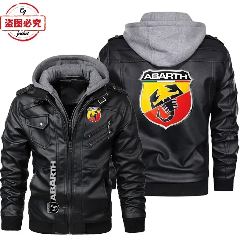 Leather Work Jacket With Hood - แจ็คเก็ตหนังไซส์ยุโรป โลโก้รถยนต์ ABARTH แจ็คเก็ตหนัง PU ล้างสีสไตล์เรโทร
