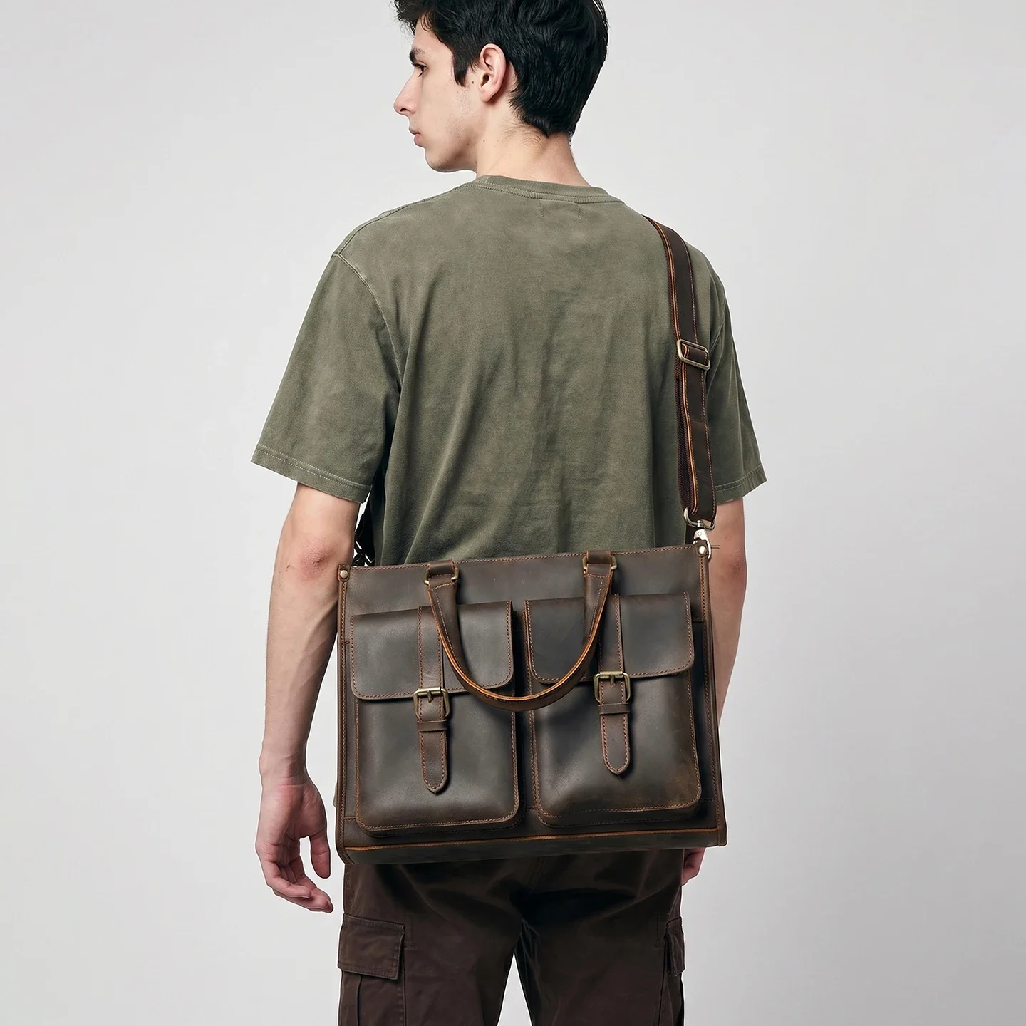 Leather Work Laptop Bag - กระเป๋าหนังแท้สไตล์วินเทจสำหรับผู้ชาย สะพายข้าง/สะพายไหล่ หนังเครซี่ฮอร์ส กระเป๋าถือสำหรับทำงาน เดินทาง ใส่แล็ปท็อป