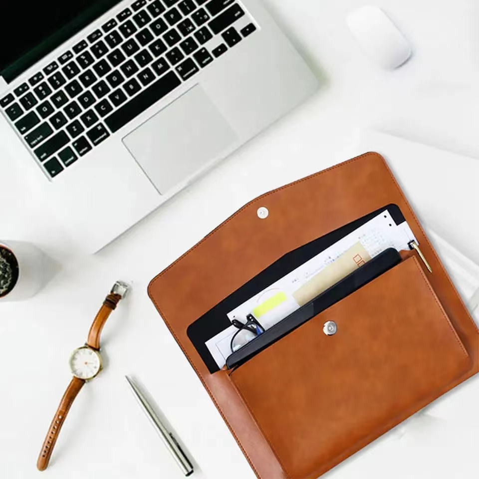 Leather Work Laptop Bag - แฟ้มซองหนัง A4ความจุขนาดใหญ่กระเป๋าเอกสารธุรกิจกระดุมแม่เหล็กกันน้ำเคสแล็ปท็อปออแกไนเซอร์สำหรับสำนักงาน