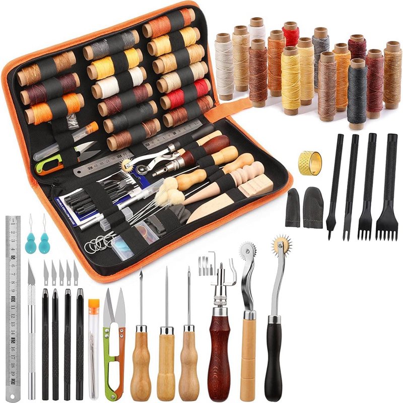 Beginner Leatherwork Kit - ชุดเครื่องมือทำงานหนัง AB08 66 ชิ้น พร้อมด้ายเคลือบแว็กซ์, เครื่องทำร่อง,