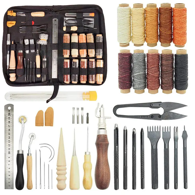 Beginner Leatherwork Kit - ชุดเครื่องมือทำงานหนังสำหรับผู้เริ่มต้น ชุดอุปกรณ์งานหนังมืออาชีพ ด้ายเคลือบแว็กซ์ เครื่องร้อยด้าย เข็มเจาะหนัง สำหรับงานหนัง