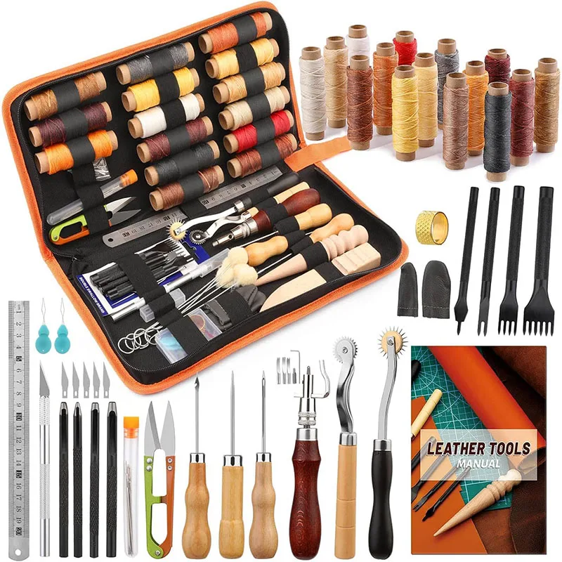 Beginner Leatherwork Kit - ชุดเครื่องมือทำหนัง ชุดงานฝีมือหนังพร้อมด้ายเคลือบ ตะขอเกี่ยวหนัง ที่เจาะรู สำหรับผู้เริ่มต้นงานหนัง
