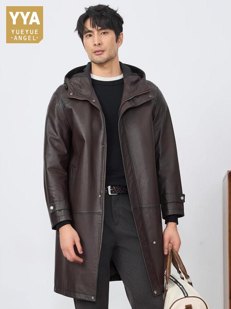 Leather Work Jacket With Hood - เสื้อแจ็คเก็ตหนังวัวแท้ทรงยาวมีฮู้ดสำหรับผู้ชายแฟชั่นฤดูใบไม้ร่วง สไตล์วินเทจ ทรงหลวม สวมใส่ได้ทั้งลำลองและทำงาน ป้องกันลม