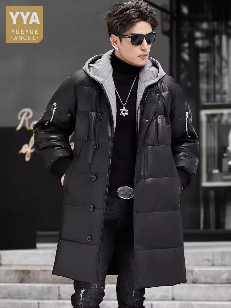 Leather Work Jacket With Hood - ฤดูหนาวใหม่ผู้ชายHoodedยาวของแท้หนังลงเสื้อหลวมFitเดี่ยวธุรกิจทํางานWarm Overcoat Cowhide Trench Coat