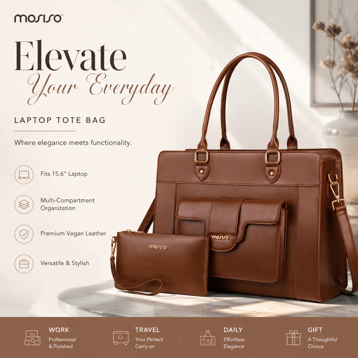 Leather Work Laptop Bag - MOSISO กระเป๋าใส่แล็ปท็อปสำหรับผู้หญิง 15.6 นิ้วหนัง PU กันน้ำกระเป๋าทำงานหนังขนาดใหญ่ไหล่สำหรับสำนักงานธุรกิจสีน้ำตาล