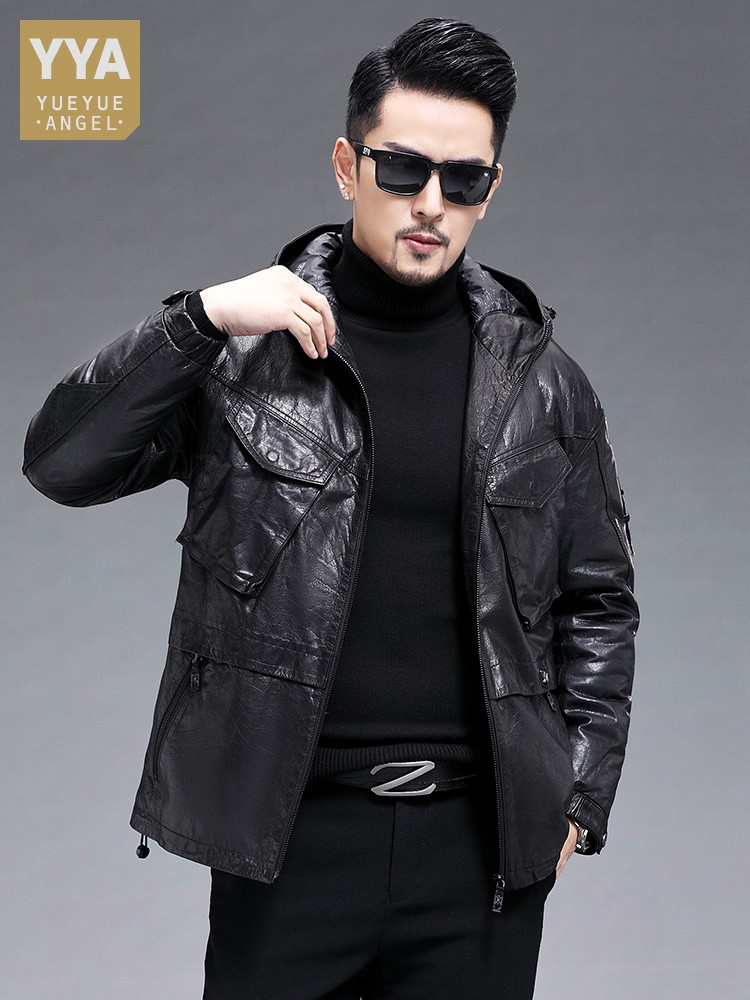 Leather Work Jacket With Hood - ผู้ชายฤดูหนาว WARM หนังแพะจริงลงเสื้อแจ็คเก็ต Hooded Windbreaker เสื้อกันหนาวรถจักรยานยนต์ธุรกิจทํางาน