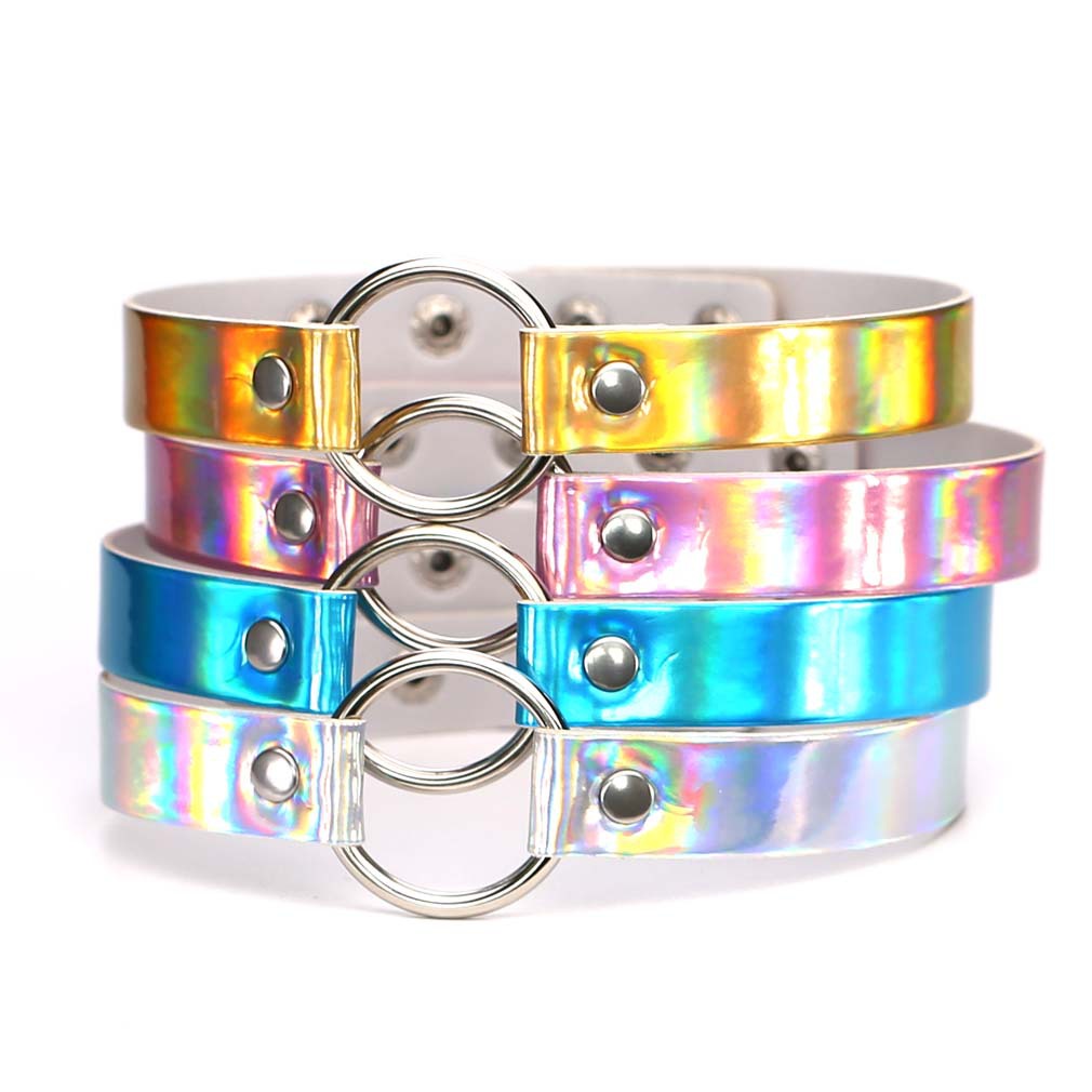 Leatherwork Rings - โกธิคนีออนสีปกหนังพั้งค์สีเงินสีเงินสร้อยคอโชกเกอร์เลเซอร์วงกลมสำหรับผู้หญิงเครื่องประดับสุภาพสตรีวินเทจ
