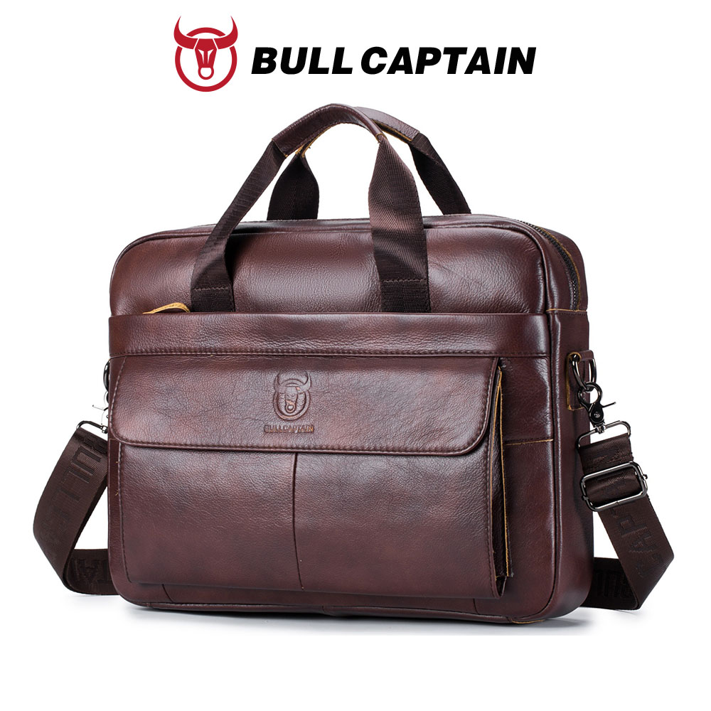 Leather Work Laptop Bag - BULLCAPTAIN ผู้ชายกระเป๋าหนังแท้กระเป๋าเอกสารสำหรับแล็ปท็อป14 Messenger กระเป๋าหนังผู้ชายธุรกิจ Portfolio สำหรับเอกสาร