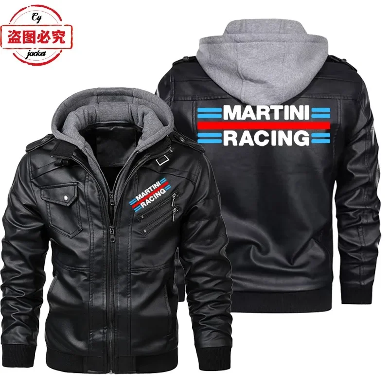 Leather Work Jacket With Hood - เสื้อแจ็คเก็ตหนังพียูพิมพ์ลายโลโก้ Martini Racing แบบมีฮู้ด ป้องกันลม สำหรับผู้ชาย