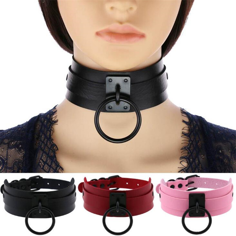 Leatherwork Rings - DIEZI Harajuku คอสเพลย์ Gothic สร้อยคอสีดำวงกลมขนาดใหญ่สร้อยคอหนัง Choker