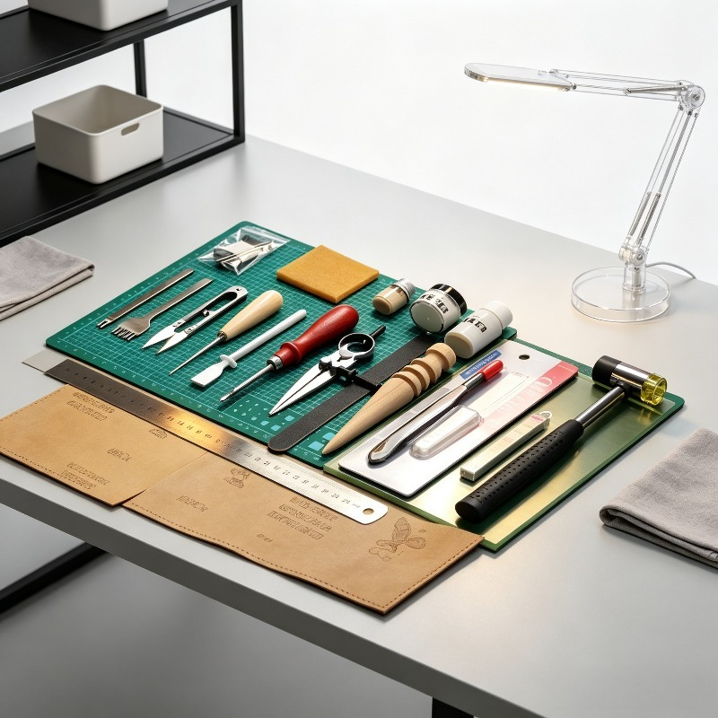 Beginner Leatherwork Kit - ชุดเริ่มต้นงานหนัง DIY, ชุดเครื่องมือมืออาชีพสำหรับผู้เริ่มต้นสำหรับการเย็บและการแกะสลัก, อุปกรณ์งานฝีมือระดับพรีเมียมสำหรับหนังวีแกนแทน