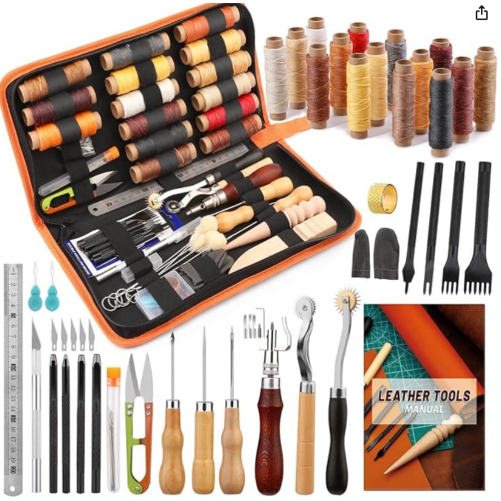 Beginner Leatherwork Kit - ชุดเครื่องมือทำงานหนัง ชุดอุปกรณ์งานหนังพร้อมด้ายเคลือบแว็กซ์ เครื่องมือเซาะร่อง เข็มเจาะรู สำหรับผู้เริ่มต้นหรือผู้ใหญ่ เหมาะสำหรับเป็นของขวัญ