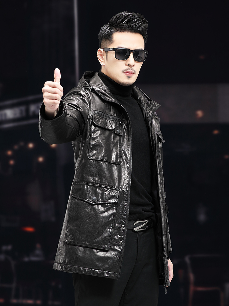 ผู้ชายฤดูหนาวกลางยาวน้ํามันขี้ - Leather Work Jacket With Hood บทวิจารณ์และราคา