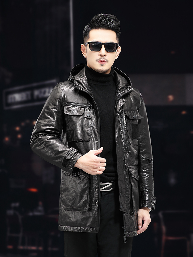 ผู้ชายฤดูหนาวกลางยาวน้ํามันขี้ - Leather Work Jacket With Hood บทวิจารณ์และราคา