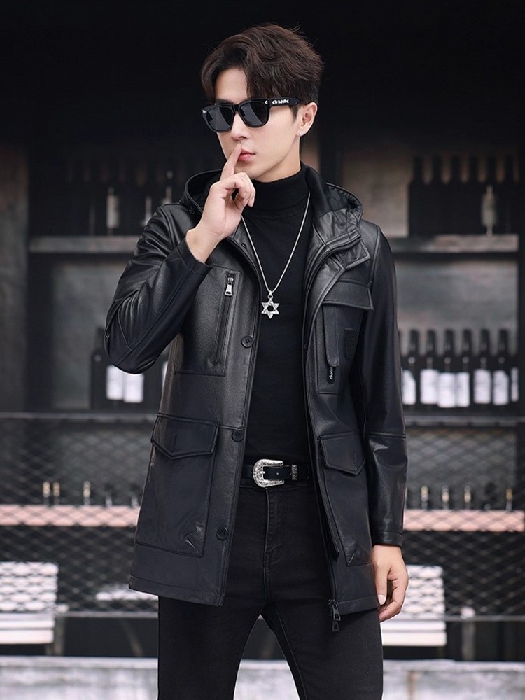 เสื้อโค้ทหนังวัวแท้ทรงสลิมฟิตส - Leather Work Jacket With Hood บทวิจารณ์และราคา