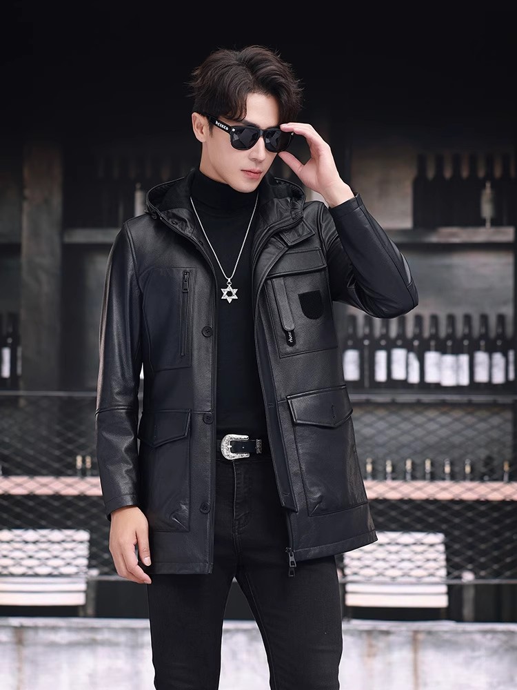 เสื้อโค้ทหนังวัวแท้ทรงสลิมฟิตส - Leather Work Jacket With Hood บทวิจารณ์และราคา