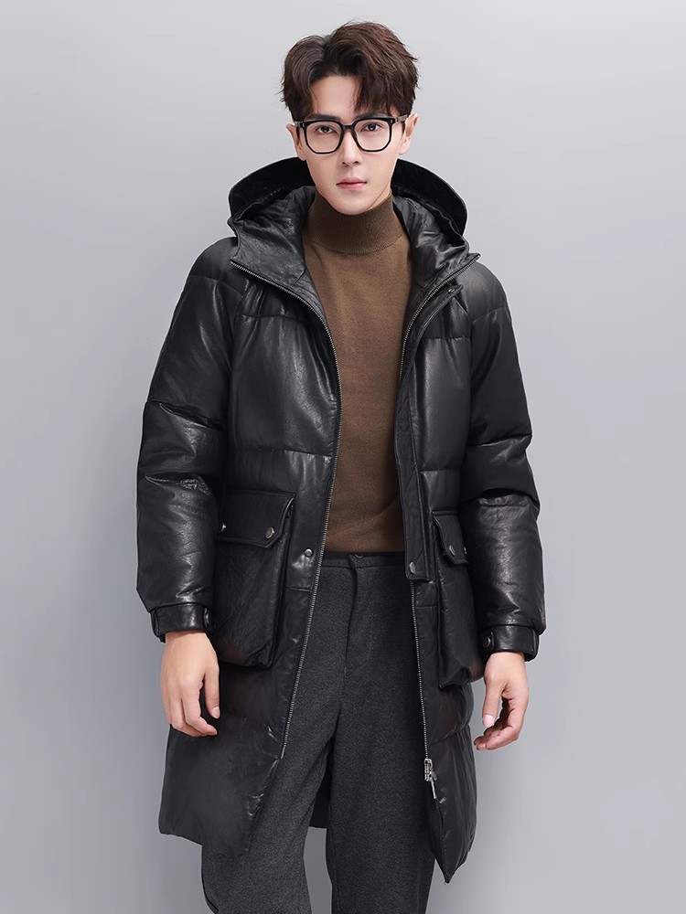 ฤดูหนาว Mens WARM Goose Down J - Leather Work Jacket With Hood บทวิจารณ์และราคา