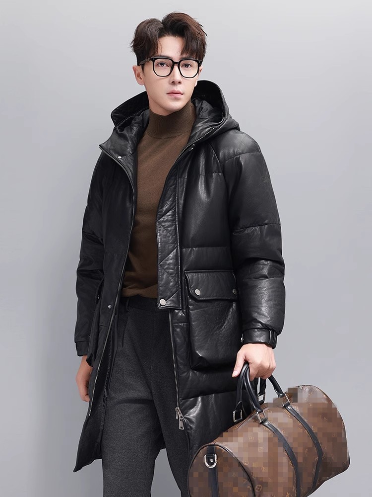 ฤดูหนาว Mens WARM Goose Down J - Leather Work Jacket With Hood บทวิจารณ์และราคา