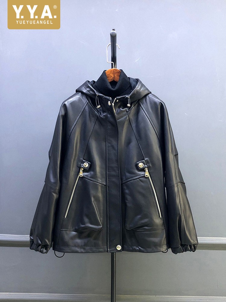 เสื้อแจ็คเก็ตหนังแกะแท้สำหรับผ - Leather Work Jacket With Hood บทวิจารณ์และราคา