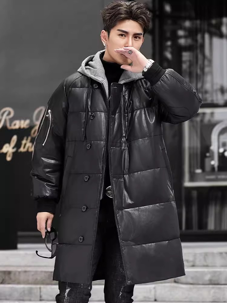 ฤดูหนาวใหม่ผู้ชายHoodedยาวของแ - Leather Work Jacket With Hood บทวิจารณ์และราคา
