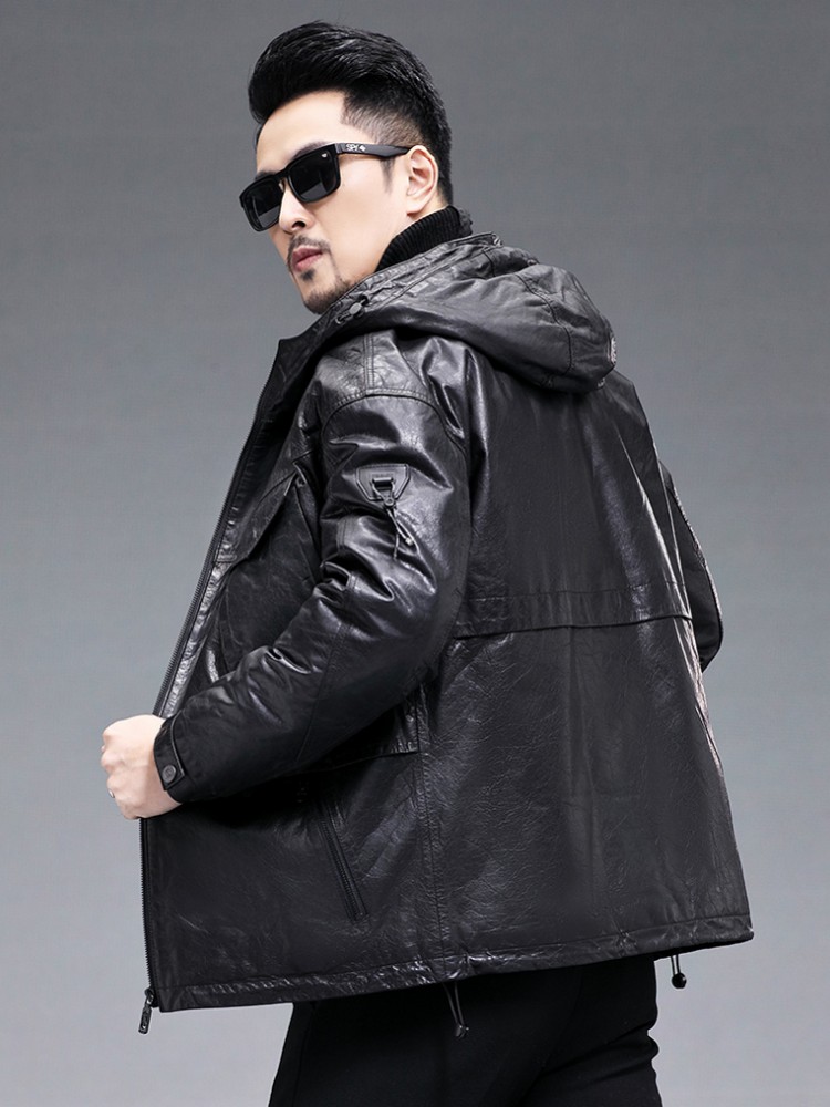 ผู้ชายฤดูหนาว WARM หนังแพะจริง - Leather Work Jacket With Hood บทวิจารณ์และราคา
