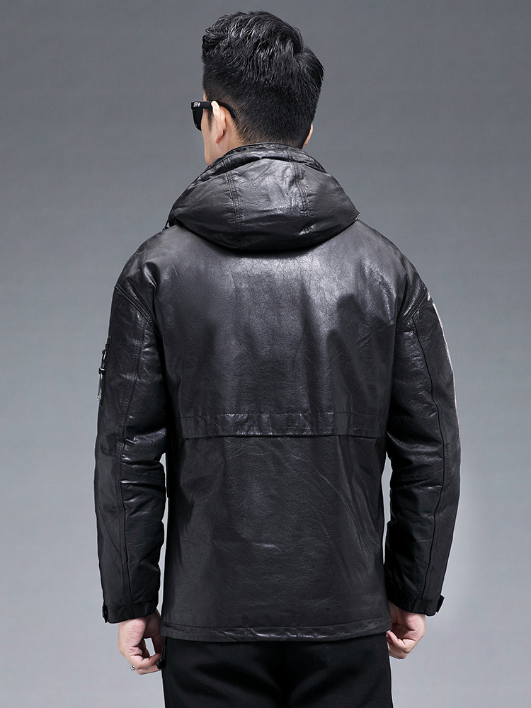 ผู้ชายฤดูหนาว WARM หนังแพะจริง - Leather Work Jacket With Hood บทวิจารณ์และราคา