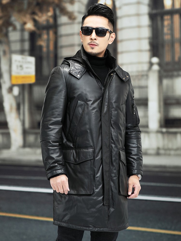 เสื้อโค้ทหนังวัวแท้บุขนเป็ดสำห - Leather Work Jacket With Hood บทวิจารณ์และราคา